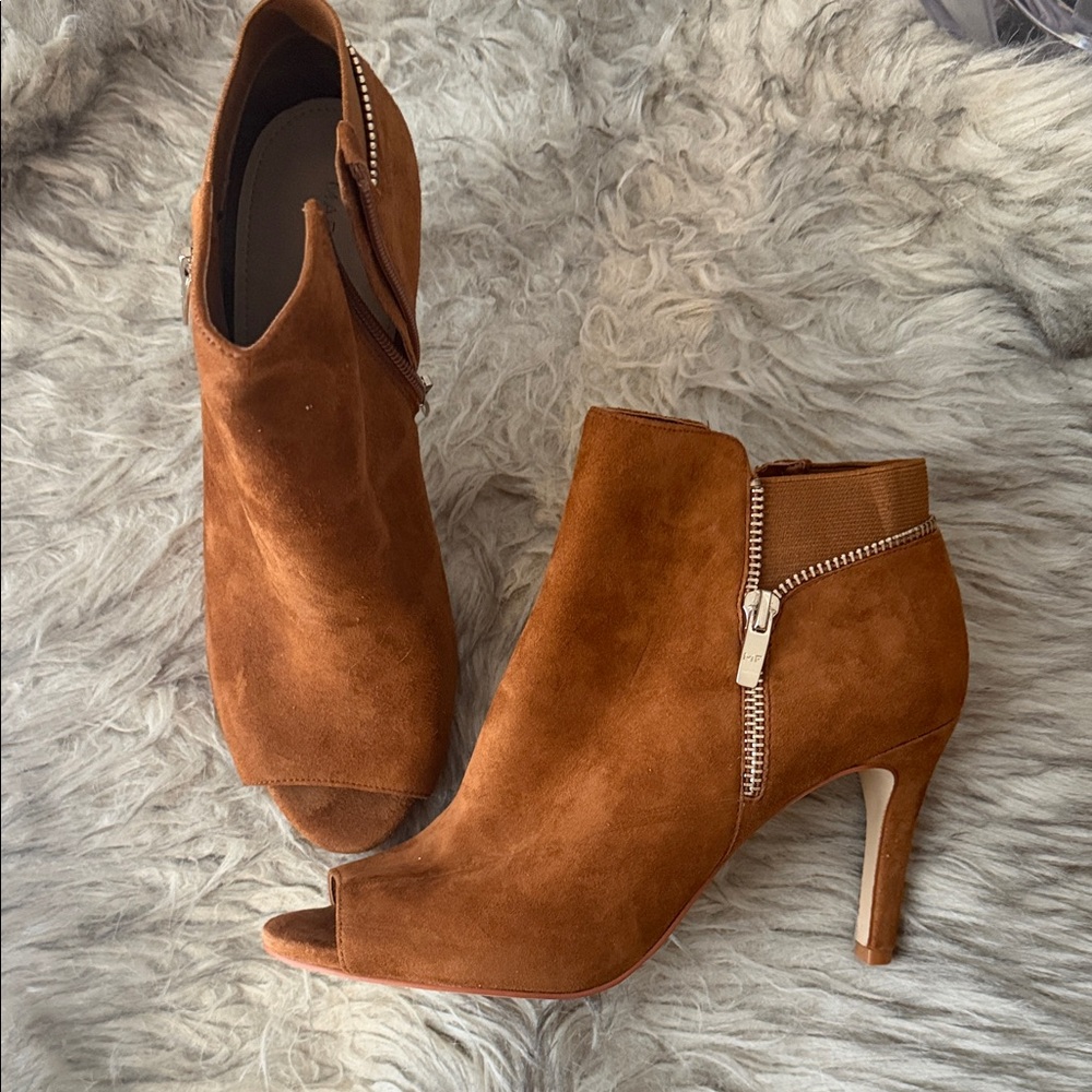Suede Peep-Toe Ankle Booties in Cognac